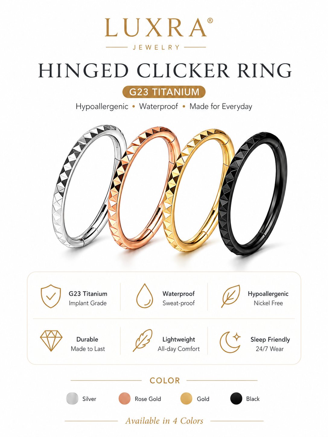 Pyramid-faceted G23 titanium hinged clicker rings with colors sizes and product features