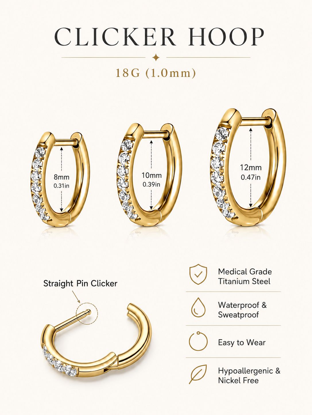 Gold G23 titanium pavé CZ clicker hoops in 8mm, 10mm and 12mm inner diameters with 18G straight posts.