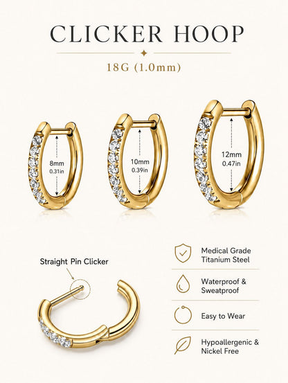 Gold G23 titanium pavé CZ clicker hoops in 8mm, 10mm and 12mm inner diameters with 18G straight posts.