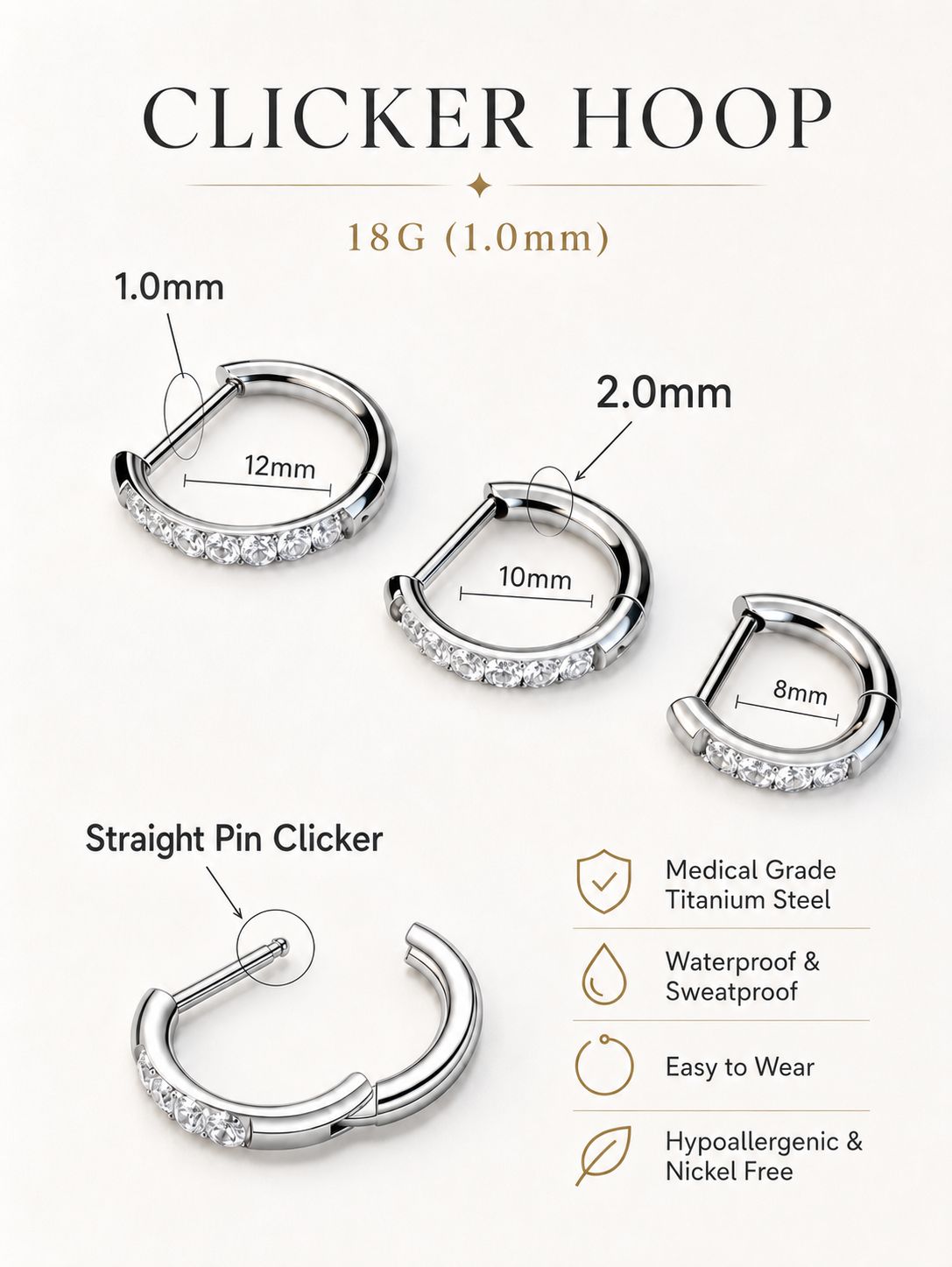 Silver G23 titanium crystal clicker hoop showing an 18G 1.0mm post, 2.0mm hoop width and three inner diameter options.