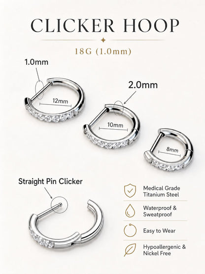 Silver G23 titanium crystal clicker hoop showing an 18G 1.0mm post, 2.0mm hoop width and three inner diameter options.