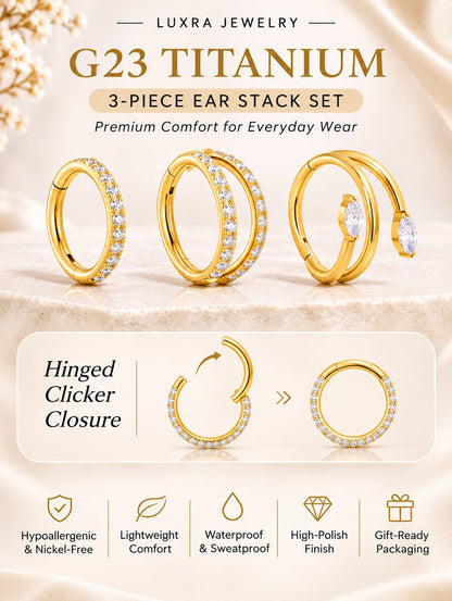 G23 titanium 3-piece ear stack set with hinged clicker closure hypoallergenic waterproof and lightweight features