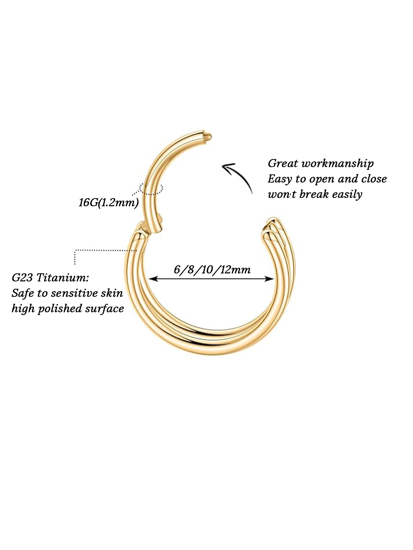 G23 titanium double hoop clicker ring size guide showing 16G and 6 8 10 12mm inner diameter