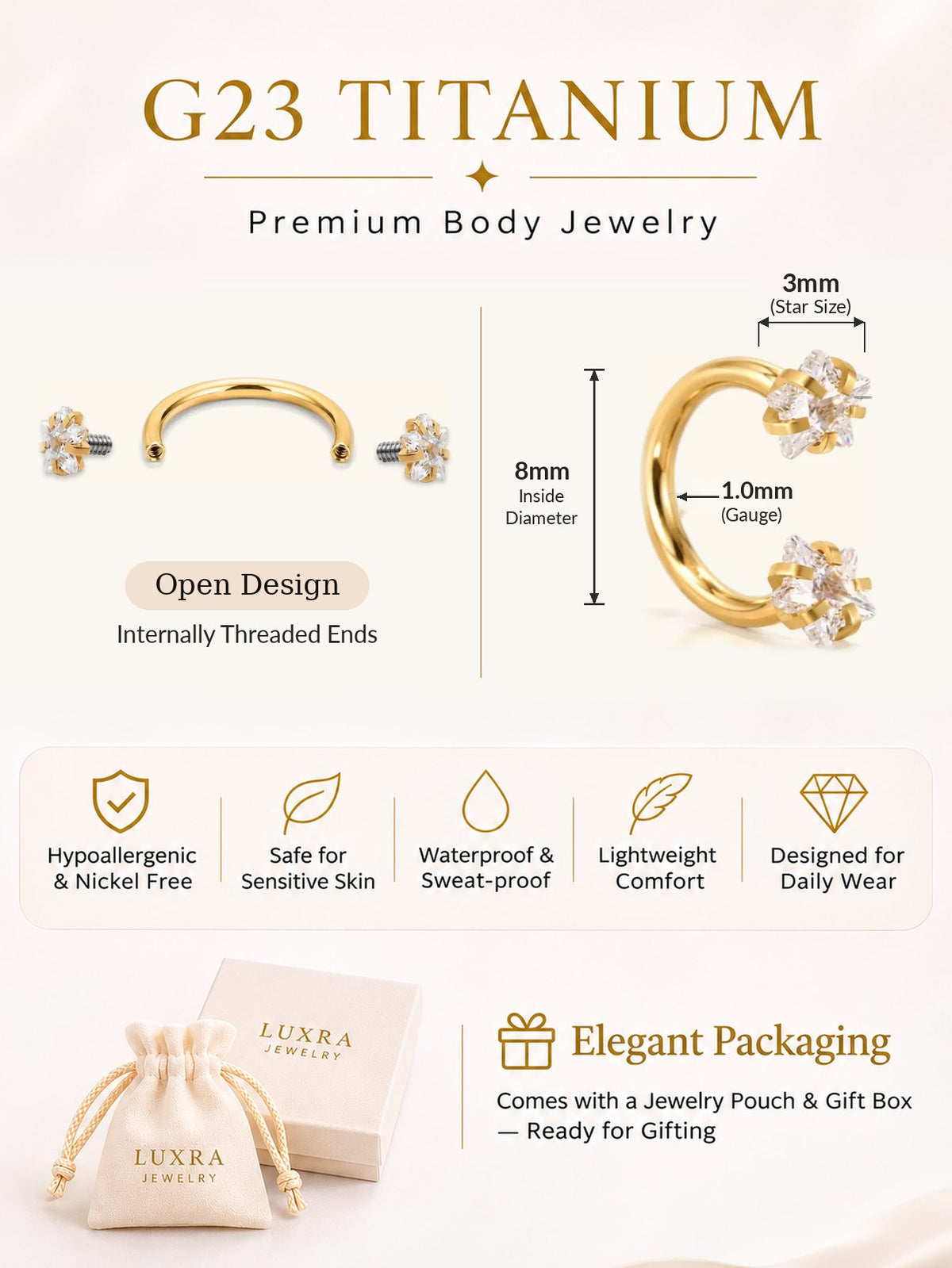 G23 titanium double star horseshoe ring with 8mm inner diameter 18G gauge and internally threaded ends