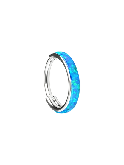 Ocean blue opal G23 titanium clicker hoop ring with polished silver-tone edges.