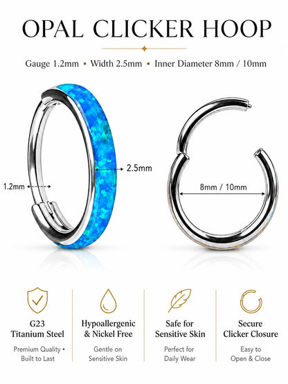G23 titanium opal clicker hoop size guide showing 16G gauge, 2.5mm width and 8mm or 10mm inner diameter.