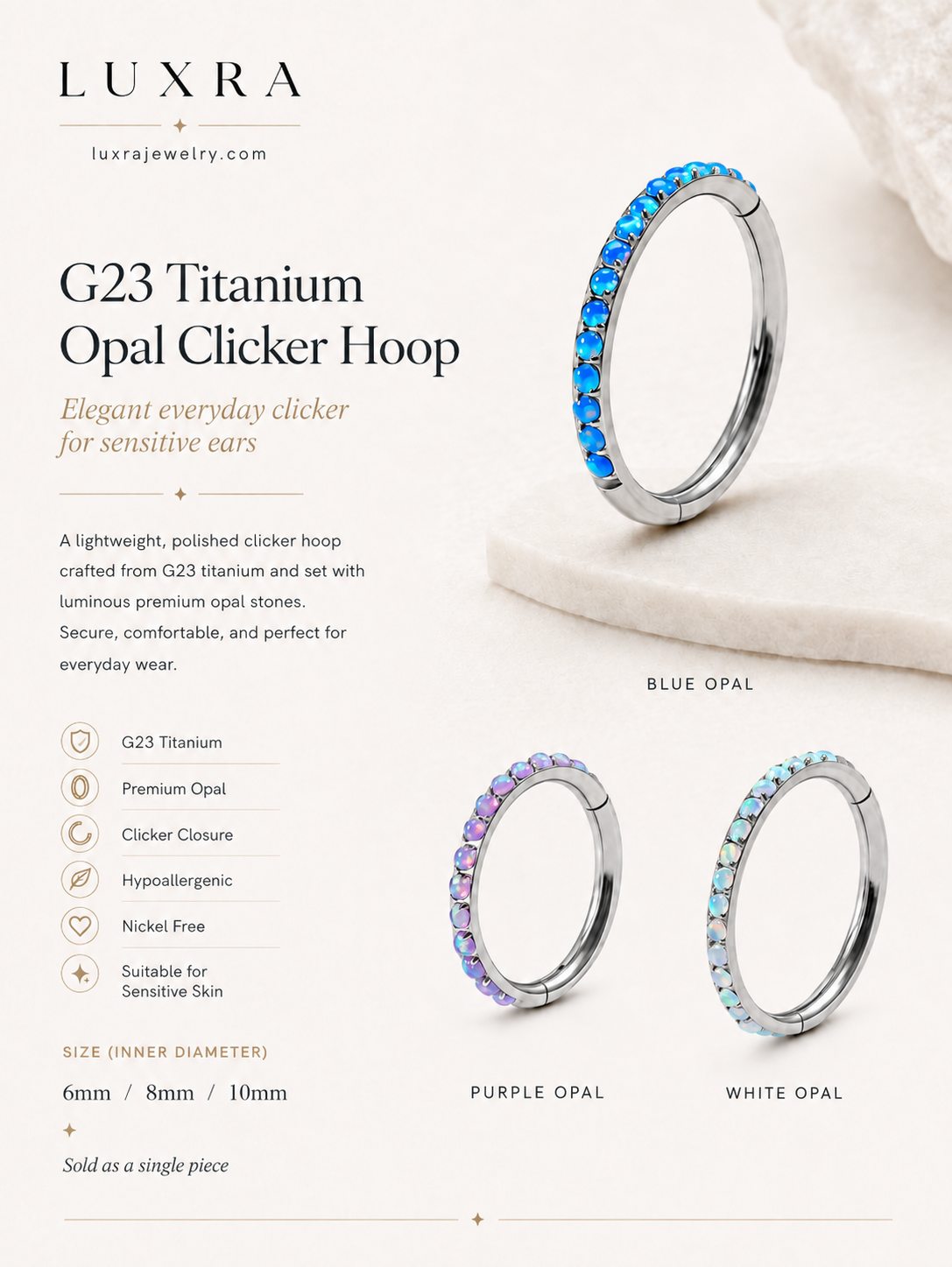 G23 titanium opal clicker rings in blue purple and white opal with available sizes
