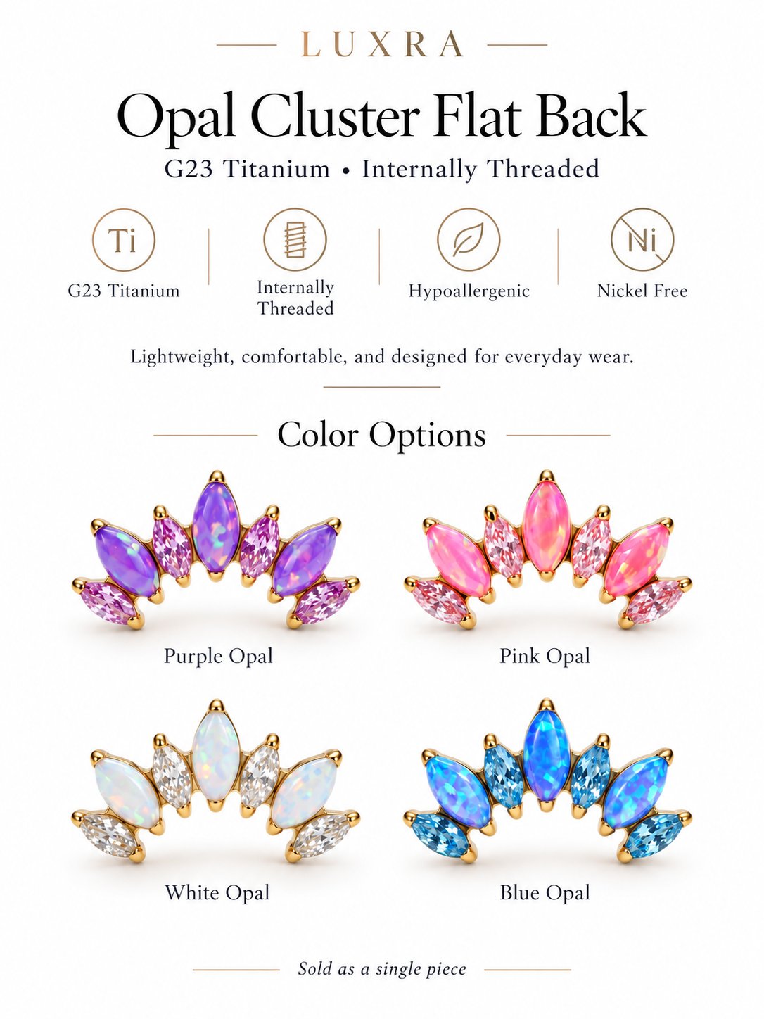 G23 titanium internally threaded opal cluster flat back stud with four opal color options