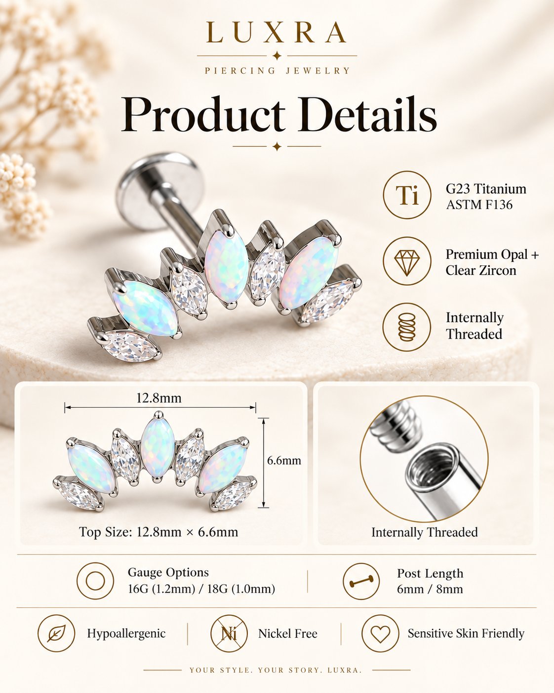 G23 titanium opal and clear zircon cluster flat back stud with 16G and 18G gauge options