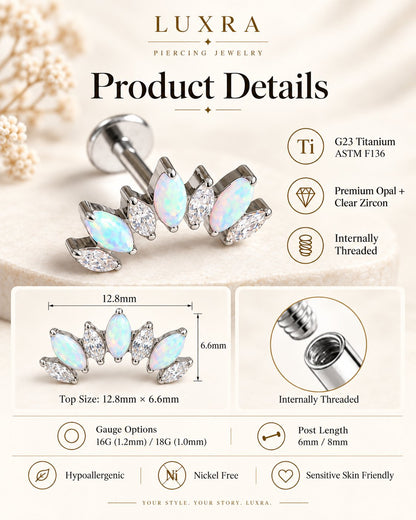G23 titanium opal and clear zircon cluster flat back stud with 16G and 18G gauge options