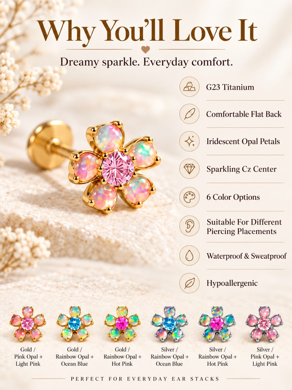 G23 titanium rainbow opal flower flat back showing hypoallergenic design, six colors and everyday wear features