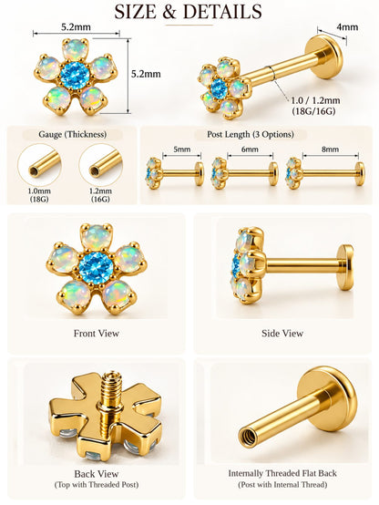 G23 titanium internally threaded flower flat back size guide with 18G and 16G gauges and 5mm 6mm 8mm posts
