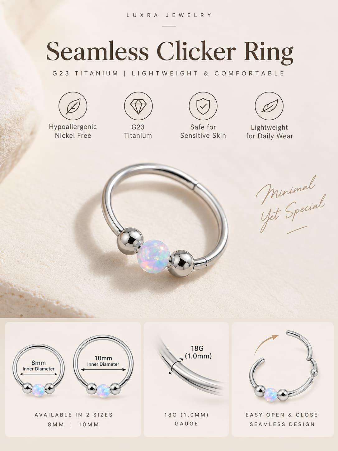 G23 titanium opal seamless clicker ring size guide showing 18G gauge and 8mm and 10mm inner diameter options