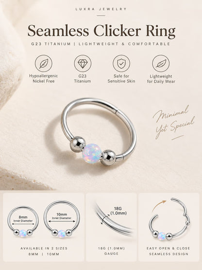 G23 titanium opal seamless clicker ring size guide showing 18G gauge and 8mm and 10mm inner diameter options