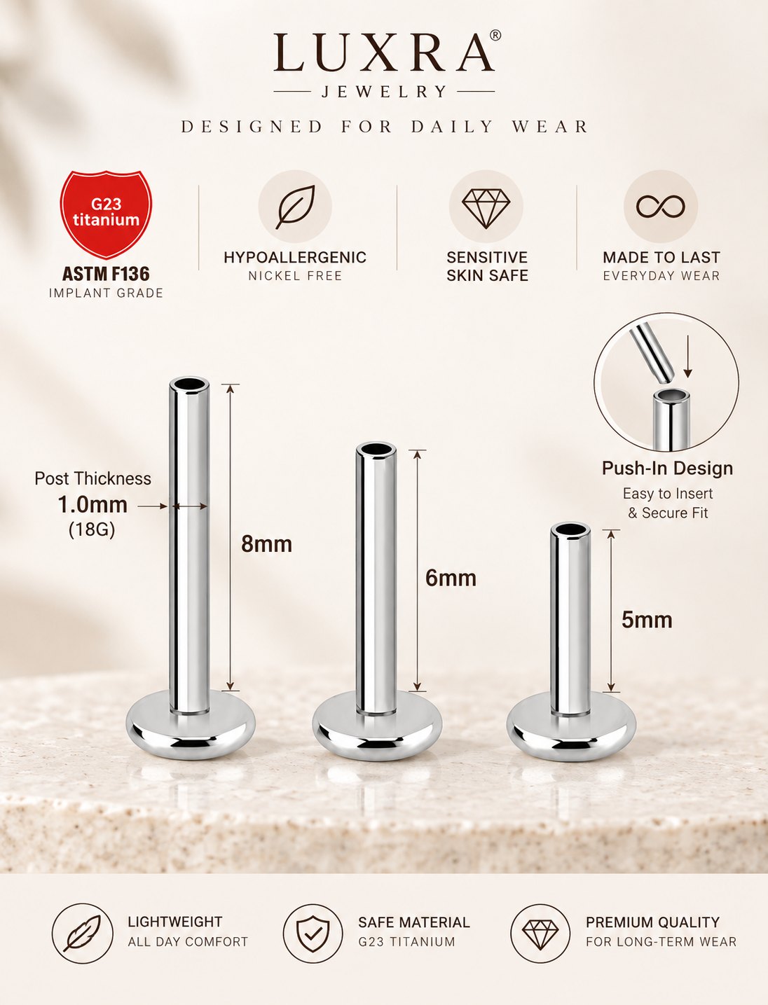 G23 titanium push-in flat back post size guide with 18G gauge and 5mm, 6mm and 8mm post lengths