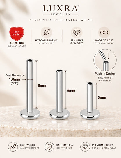 G23 titanium push-in flat back post size guide with 18G gauge and 5mm, 6mm and 8mm post lengths
