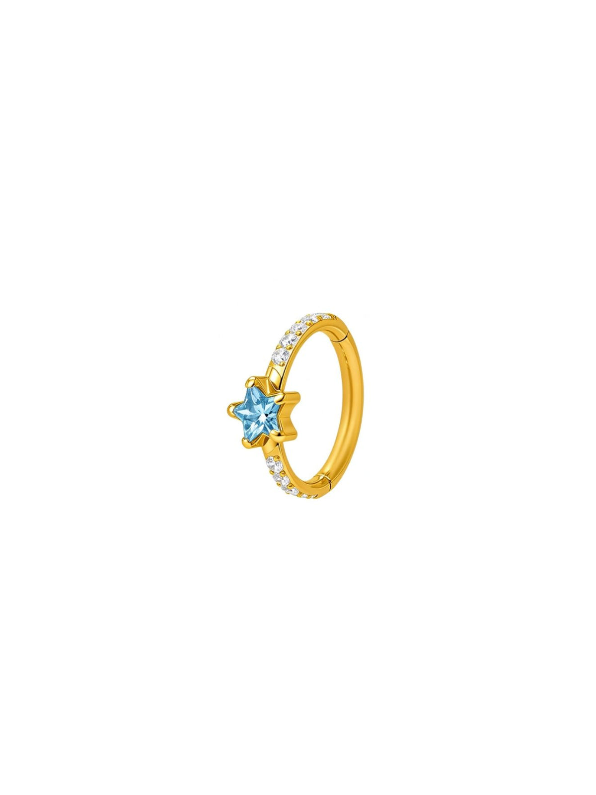 Gold G23 titanium star CZ clicker hoop with blue star center and clear pavé stones.