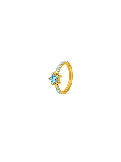 Gold G23 titanium star CZ hinged clicker hoop with blue star stone and matching blue pavé accents.