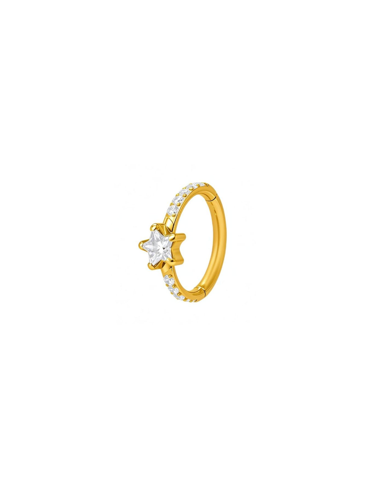 Gold G23 titanium star CZ hinged clicker hoop with clear star center and sparkling clear pavé stones.