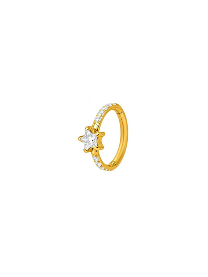 Gold G23 titanium star CZ hinged clicker hoop with clear star center and sparkling clear pavé stones.