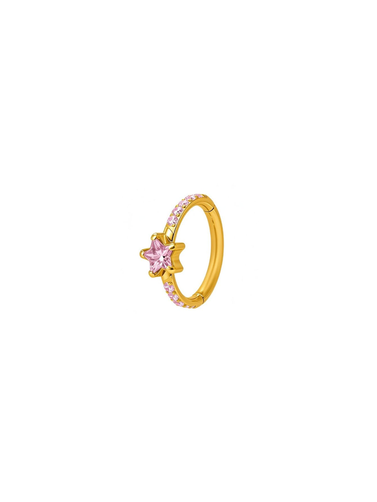 Gold G23 titanium star CZ hinged clicker hoop with pink star center and pink pavé stones.