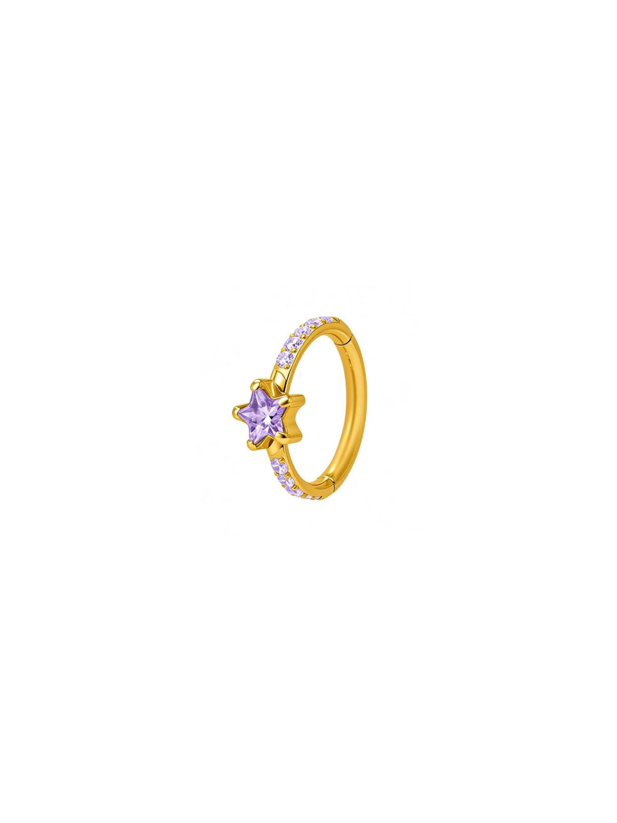 Gold G23 titanium star CZ hinged clicker hoop with purple center stone and purple pavé accents.