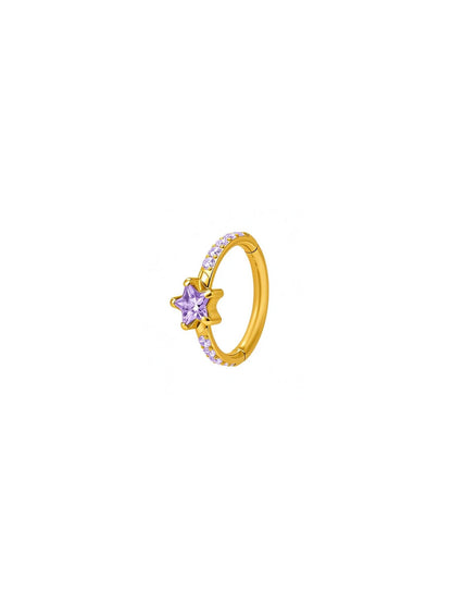 Gold G23 titanium star CZ hinged clicker hoop with purple center stone and purple pavé accents.
