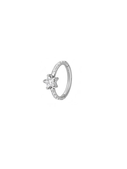 Silver G23 titanium star CZ hinged clicker hoop with clear star center and clear pavé stones.