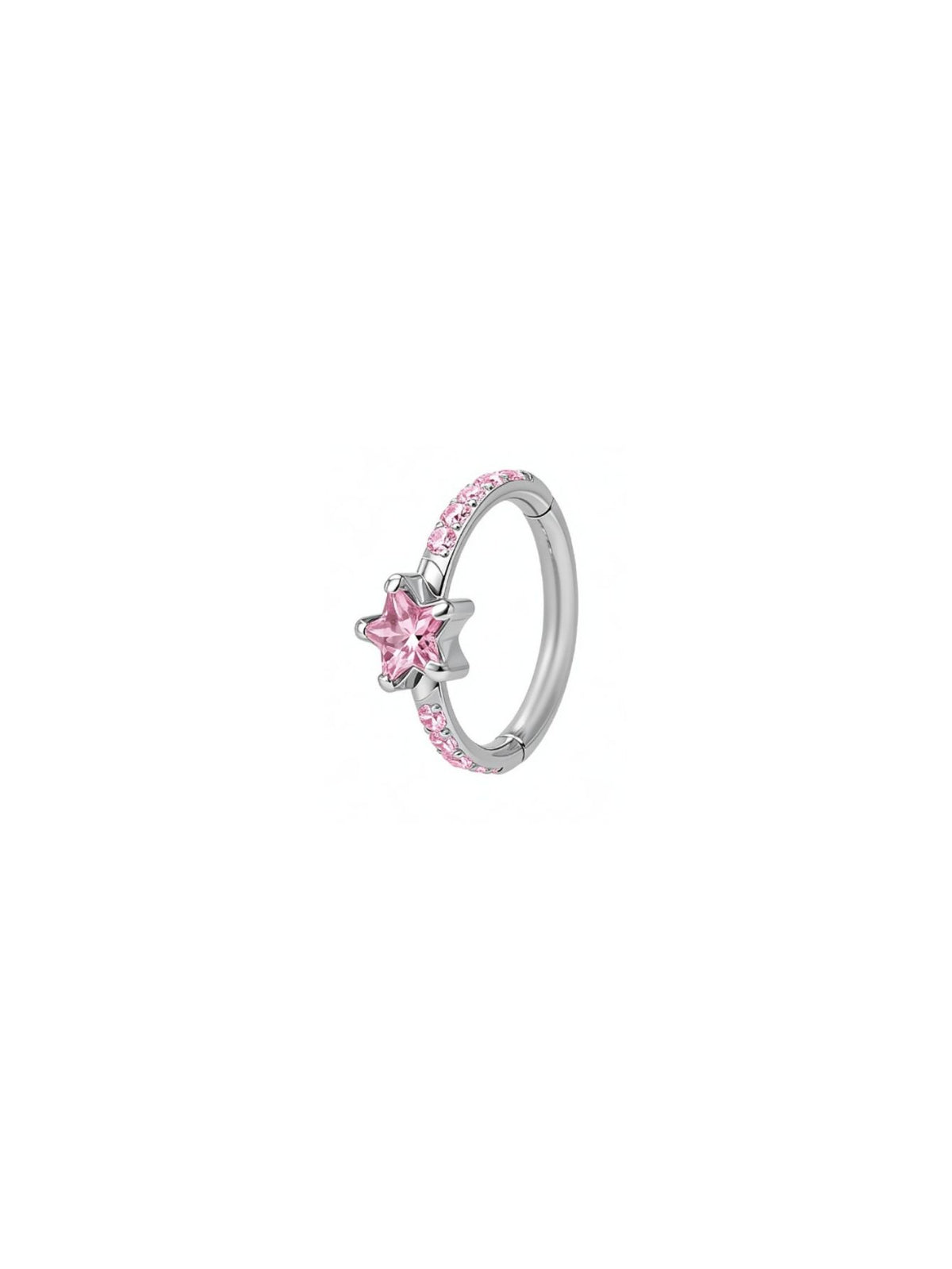 Silver G23 titanium star CZ hinged clicker hoop with pink star center and pink pavé accents.