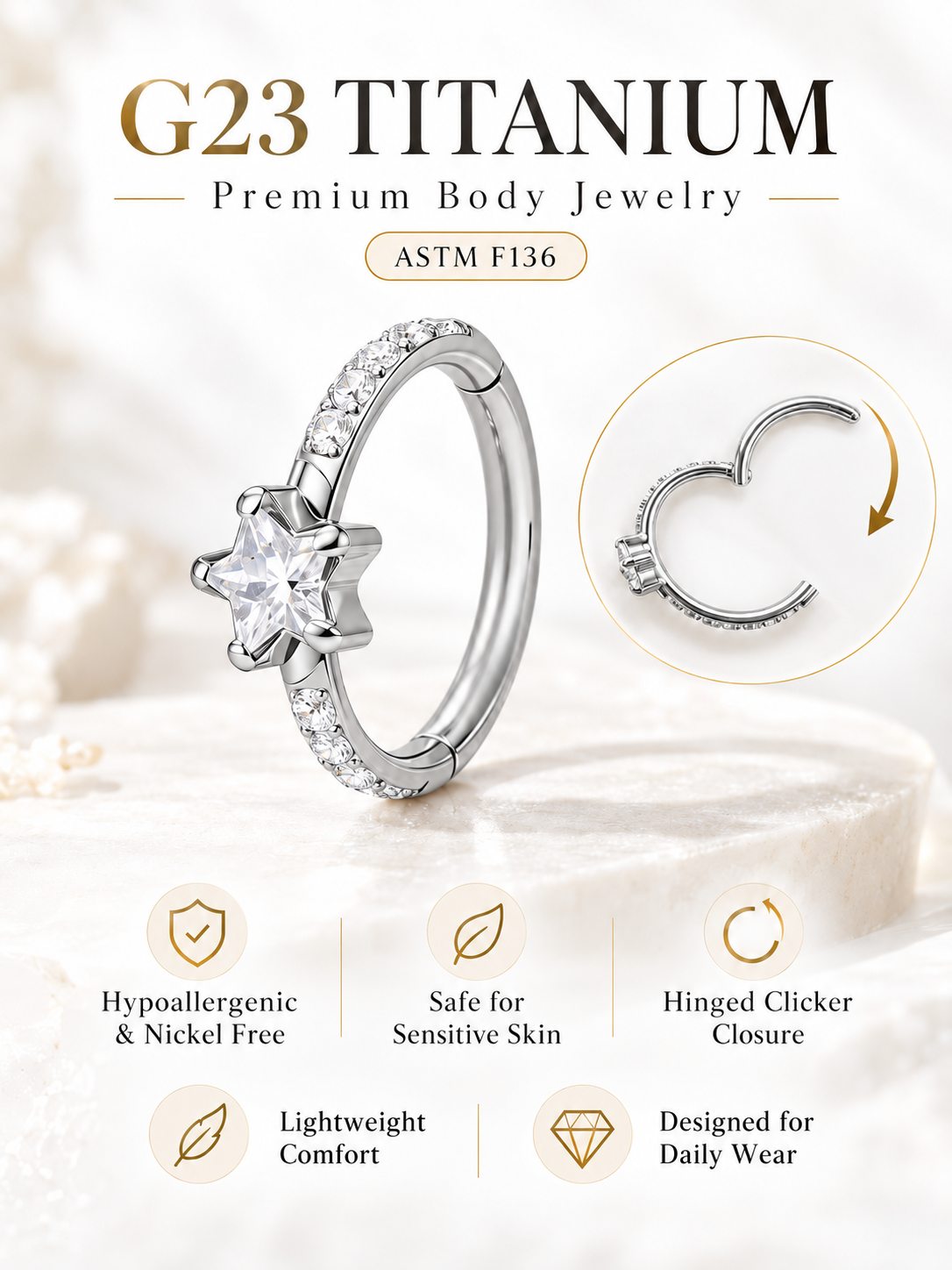 G23 titanium star CZ hinged clicker hoop with ASTM F136 titanium, hypoallergenic and sensitive skin friendly design.