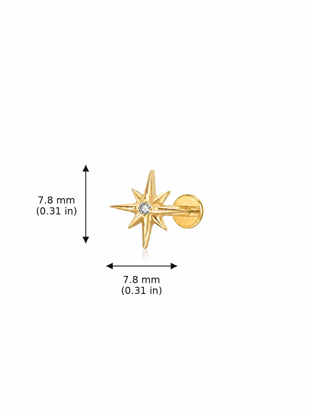 G23 titanium star flat back stud size guide showing 7.8mm top size