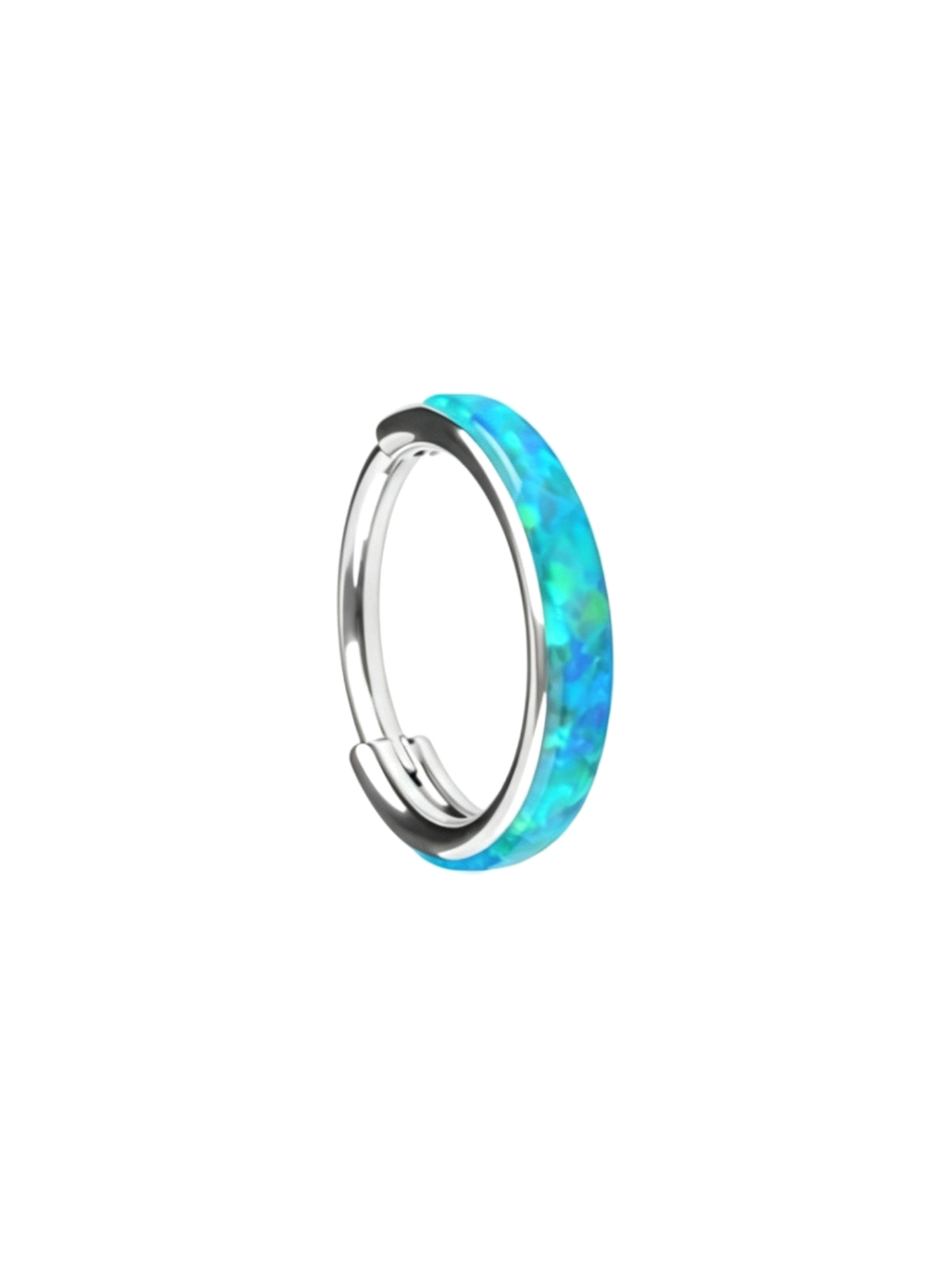 Teal opal G23 titanium clicker hoop ring with polished silver-tone finish.