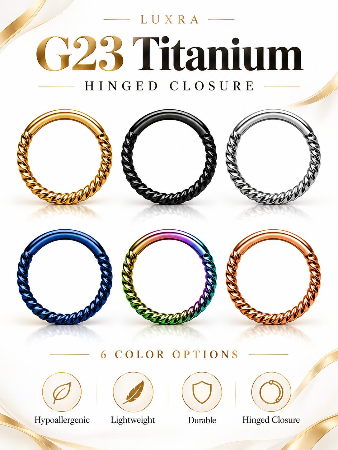 G23 titanium twisted hinged clicker hoop available in six colors with lightweight and hypoallergenic design