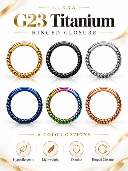 G23 titanium twisted hinged clicker hoop available in six colors with lightweight and hypoallergenic design