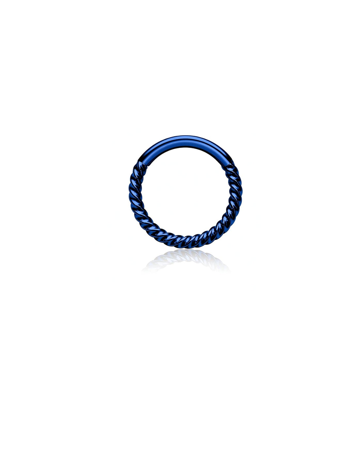 Blue G23 titanium twisted rope hinged clicker hoop on white background