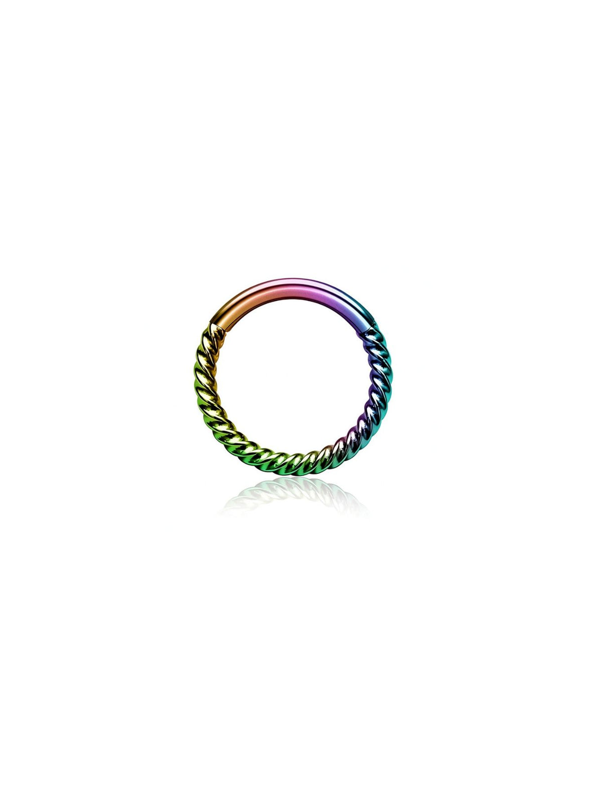 Rainbow G23 titanium twisted rope hinged clicker hoop on white background