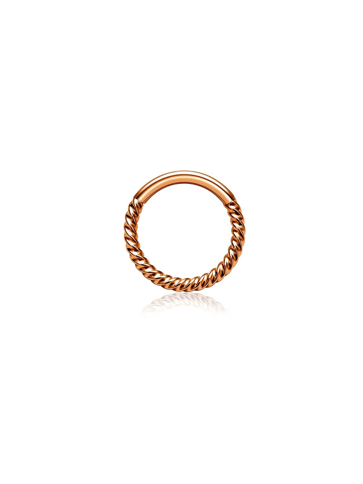 Rose gold G23 titanium twisted rope hinged clicker hoop on white background