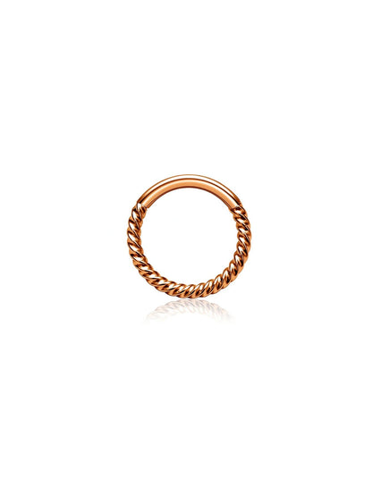 Rose gold G23 titanium twisted rope hinged clicker hoop on white background
