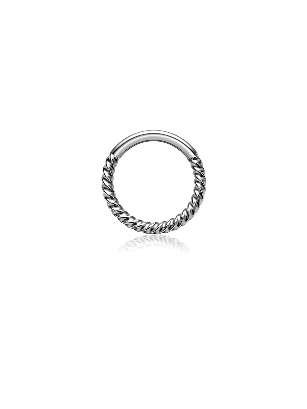 Silver G23 titanium twisted rope hinged clicker hoop on white background
