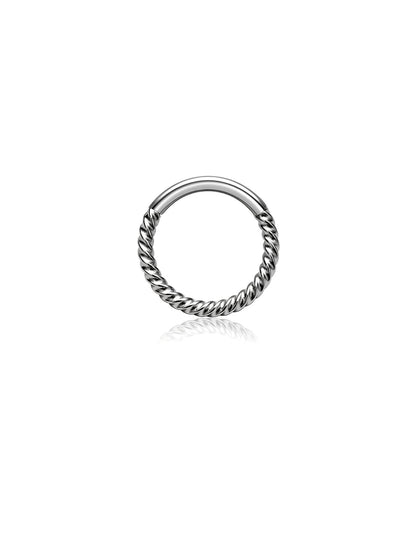 Silver G23 titanium twisted rope hinged clicker hoop on white background