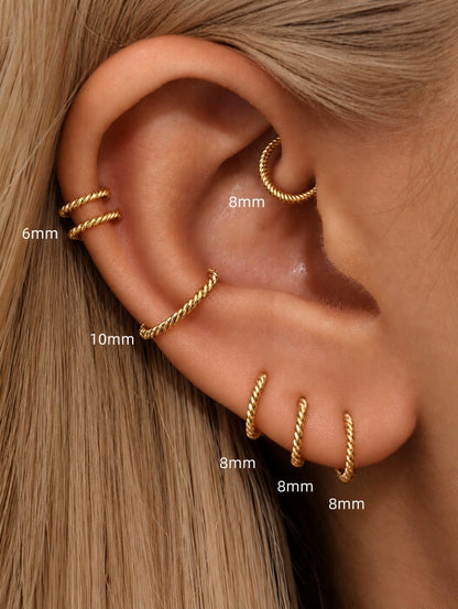 G23 titanium twisted hoop ear placement guide showing 6mm, 8mm and 10mm sizes on different piercings
