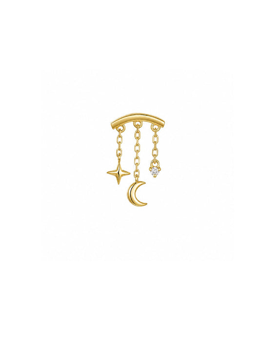 Gold 925 sterling silver hidden helix stud with star moon and sparkling dangling charms