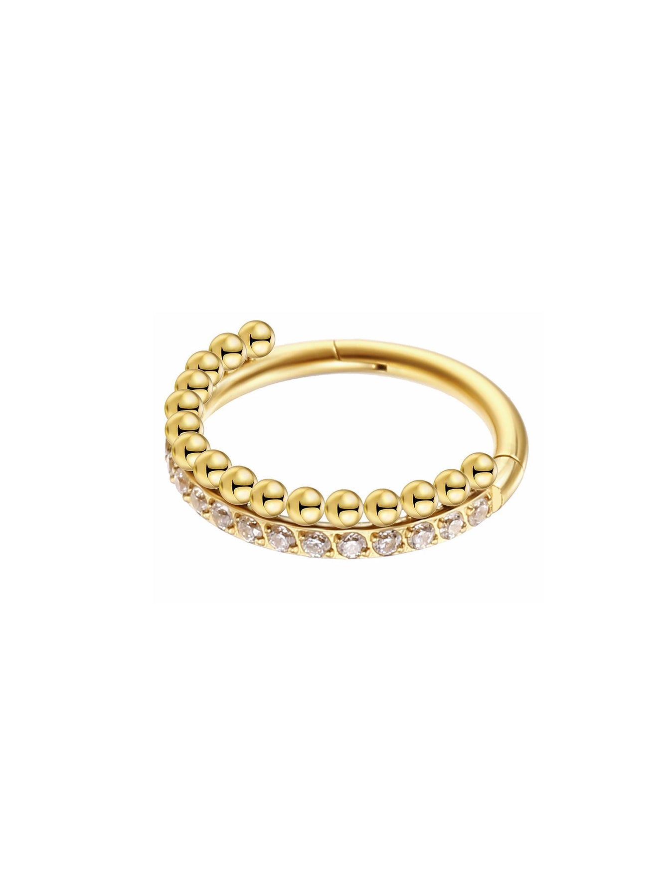 Gold CZ beaded clicker hoop ring side view with clear stones