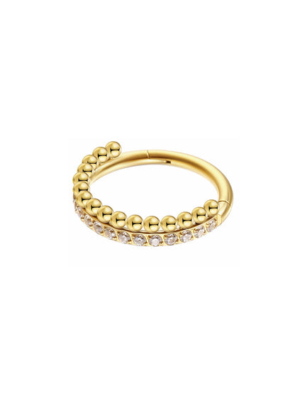 Gold CZ beaded clicker hoop ring side view with clear stones