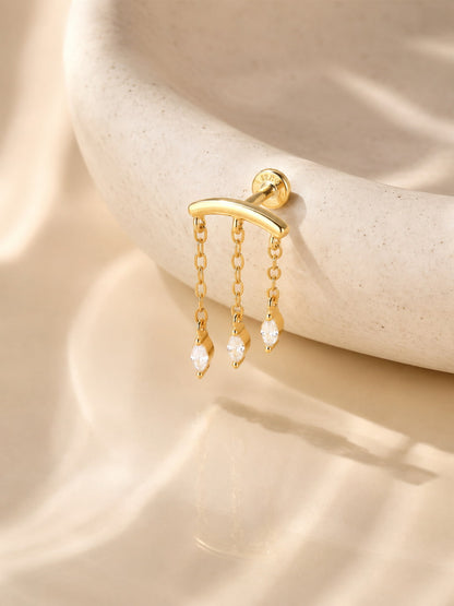 Gold tone 925 sterling silver hidden helix stud with three marquise-cut stone dangles