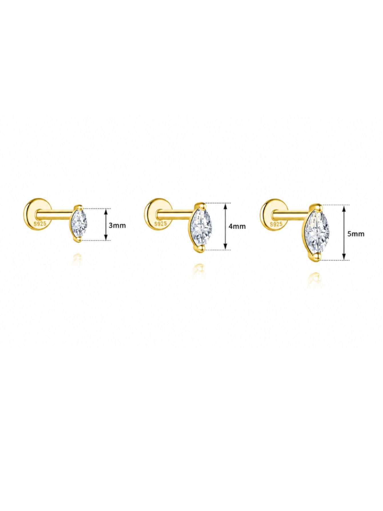 Gold marquise-cut moissanite 925 sterling silver flat back stud size guide showing 3mm 4mm and 5mm
