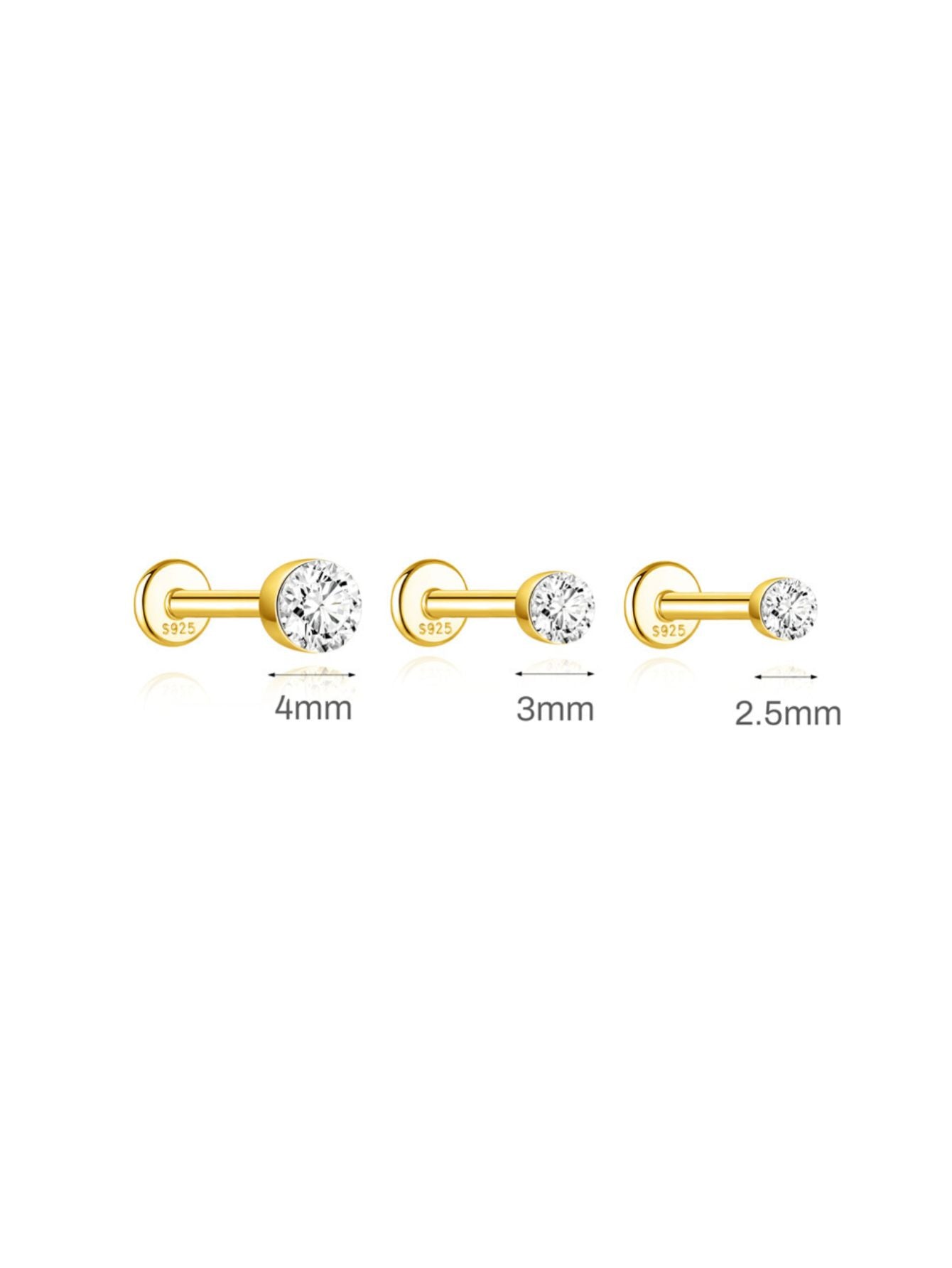 Gold moissanite flat back stud size guide showing 2.5mm 3mm and 4mm
