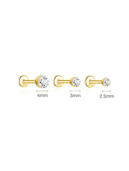 Gold moissanite flat back stud size guide showing 2.5mm 3mm and 4mm