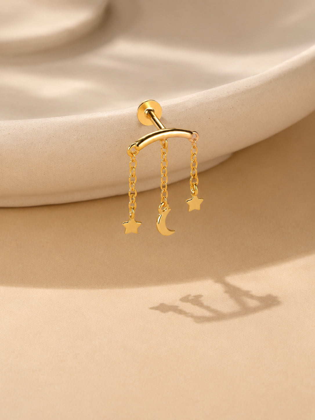 Gold moon and star dangle sterling silver hidden helix earring