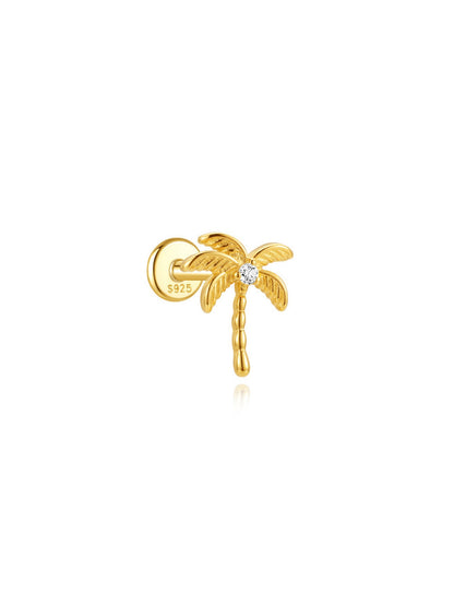 Gold palm tree flat back piercing stud with a clear crystal center in 925 sterling silver
